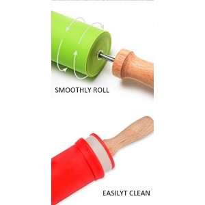 15-inch Silicone Rolling Pin for Baking, Non-stick Surface and Comfortable Wood Handles