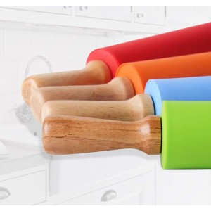 15-inch Silicone Rolling Pin for Baking, Non-stick Surface and Comfortable Wood Handles