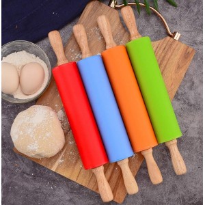 15-inch Silicone Rolling Pin for Baking, Non-stick Surface and Comfortable Wood Handles