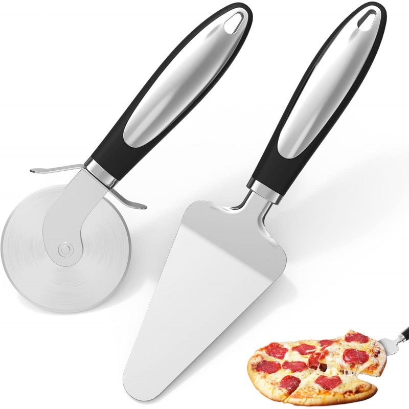 2PCS Pizza Wheel Cutter and Pie Server - Non-Slip Handle, Sharp Stainless Steel Pizza Slicer