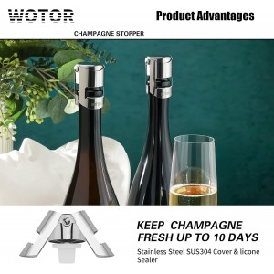 WOTOR Champagne Stoppers Stainless Steel, Prosecco Bottle Stopper with Food Grade Silicone, Reusable Champagne Cork & Saver, Leak proof Keep Fresh (Silver, 2 Pack)