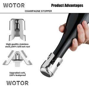 WOTOR Champagne Stoppers Stainless Steel, Prosecco Bottle Stopper with Food Grade Silicone, Reusable Champagne Cork & Saver, Leak proof Keep Fresh (Silver, 2 Pack)