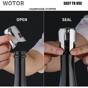 WOTOR Champagne Stoppers Stainless Steel, Prosecco Bottle Stopper with Food Grade Silicone, Reusable Champagne Cork & Saver, Leak proof Keep Fresh (Silver, 2 Pack)