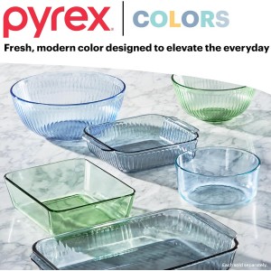 Pyrex Colors Tinted (3-Pack, Full Set) Sculpted Tinted Glass Mixing Bowls With Plastic Lids, Nesting Space Saving Set of Bowls For Prepping and Baking, 1.3QT, 2.3QT & 4.5QT
