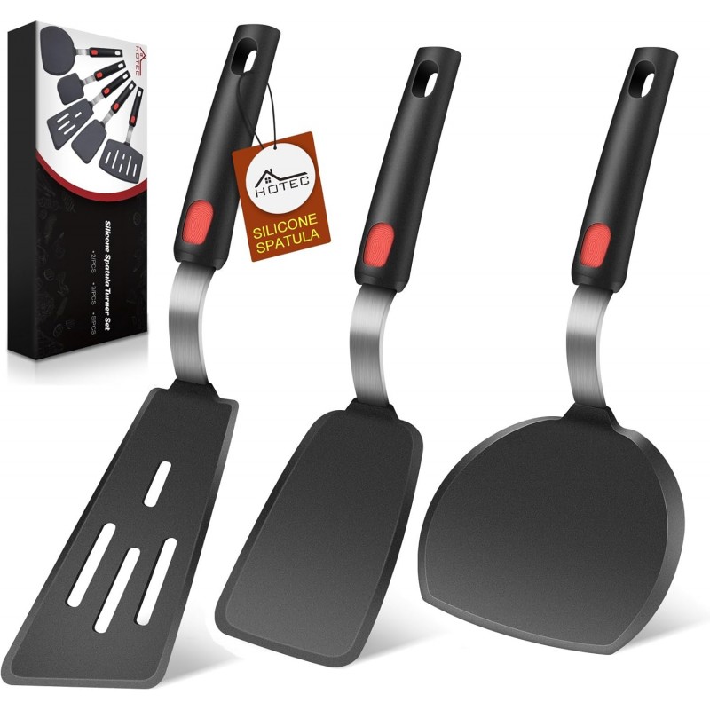 Hotec Silicone Spatula Turner for Nonstick Cookware, Cooking Spatulas 600°F Heat Resistant Large Flexible Rubber Spatula Set of 3, Kitchen Utensils for Flipping Eggs, Burgers, Pancakes, Crepes