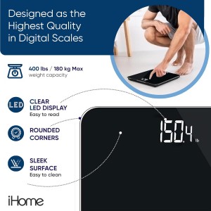 iHome Digital Scale, Bathroom Scale, Batteries Included, Scale Body Weight, Weight Scale, Bathroom Scales for Weight, Digital Scales for Body Weight (Black)