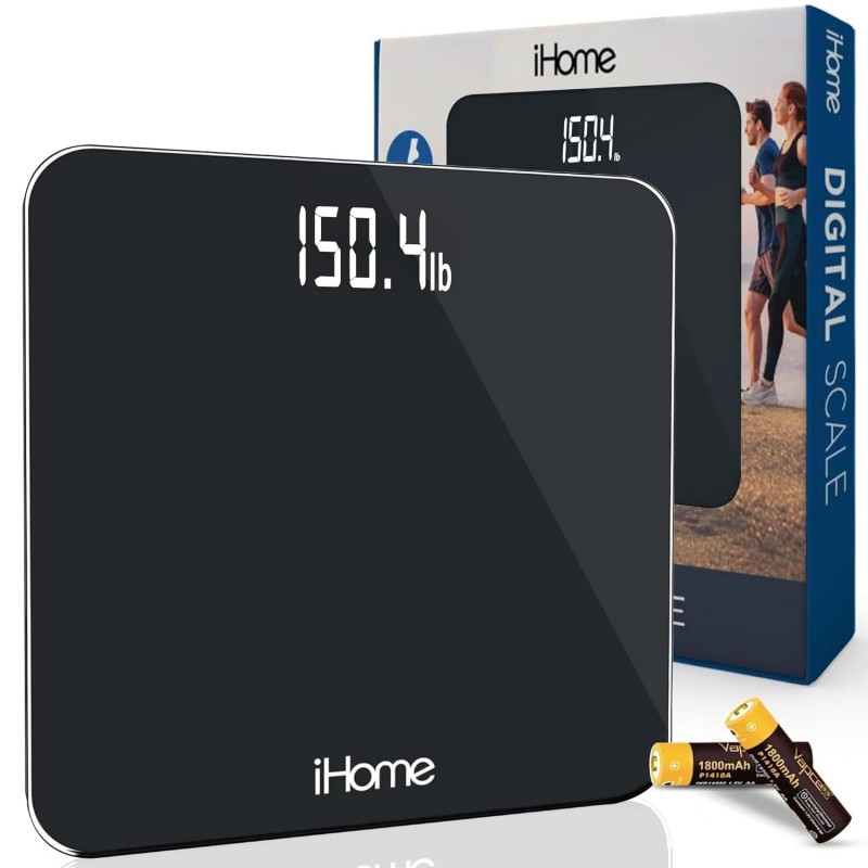 iHome Digital Scale, Bathroom Scale, Batteries Included, Scale Body Weight, Weight Scale, Bathroom Scales for Weight, Digital Scales for Body Weight (Black)
