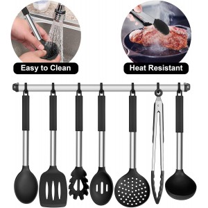 E-far Silicone Cooking Utensils Set, 7 Pcs Heat Resistant Kitchen Utensils with Stainless Steel Handle, Slotted Turner, Spoon, Soup Ladle, Pasta Server, Skimmer, Tongs for Nonstick Cookware, Black