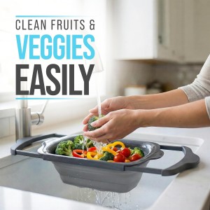 Comfify XL Large Kitchen Strainer - Collapsible Silicone Over-The-Sink Colander with Extendable Handles - Use with Pasta, Fruit, Berries & Veggie - 6 Quart - Gray