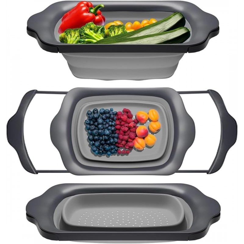 Comfify XL Large Kitchen Strainer - Collapsible Silicone Over-The-Sink Colander with Extendable Handles - Use with Pasta, Fruit, Berries & Veggie - 6 Quart - Gray