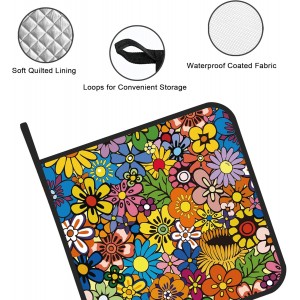 Abstract Hippie Flower Pot Holders Set of 2 Kitchen Heat Resistant Potholder for Microwave Cooking Baking Oven End Dishes and BBQ