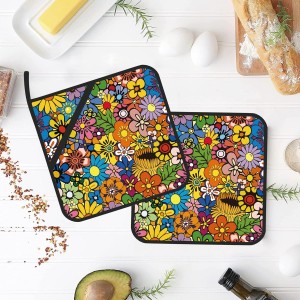 Abstract Hippie Flower Pot Holders Set of 2 Kitchen Heat Resistant Potholder for Microwave Cooking Baking Oven End Dishes and BBQ