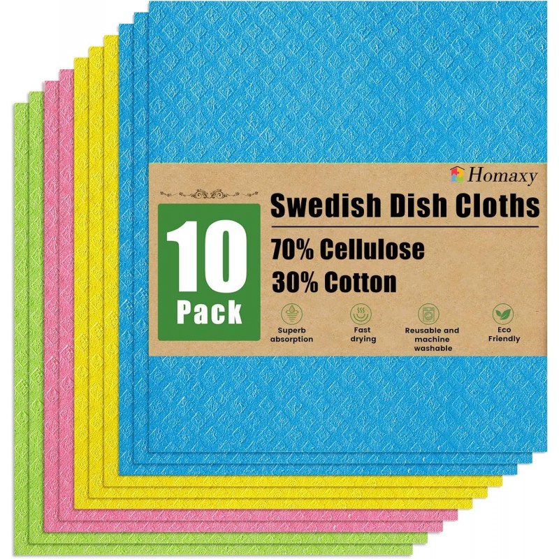 Homaxy Swedish Dishcloths for Kitchen, 10 Pack Reusable and Washable Cellulose Sponge Cloths Dish Towels, Absorbent and No Odor Paper Towels for Dishes ＆ Counters, Assorted