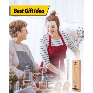 Pack of 2 Silicone Solid Turner, Non Stick Slotted Kitchen Spatulas, High Heat Resistant BPA Free Cooking Utensils, Ideal Cookware for Fish, Eggs, Pancakes(Stainless Steel Khaki)