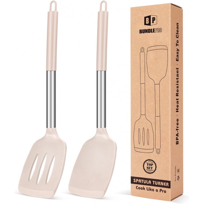 Pack of 2 Silicone Solid Turner, Non Stick Slotted Kitchen Spatulas, High Heat Resistant BPA Free Cooking Utensils, Ideal Cookware for Fish, Eggs, Pancakes(Stainless Steel Khaki)