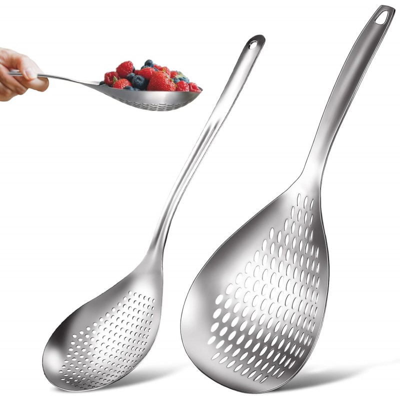 Bokon 2 Pieces Spider Strainer Skimmer Slotted Spoon Stainless Steel Skimmer Ladle Rustproof Frying Spoon Strainer Colander with Hanging Holes for Kitchen Cooking Draining and Frying