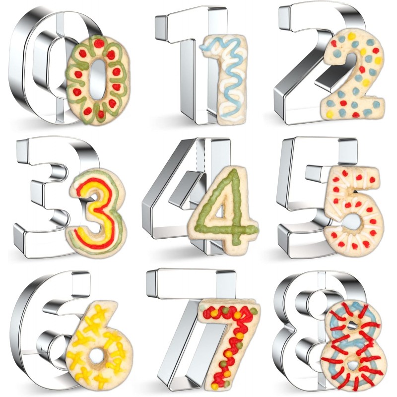 9PCS Number Cookie Cutters Set, Birthday Numbers 0-8(6 Reverses to 9), Stainless Steel Cookie Cutters for Baking, Number Shaped Baking Tool for Homemaking Biscuits, Cookie, Dough