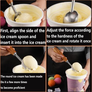 Small Cylindrical Ice Cream Scoop Stainless Steel with Wood Handle, Metal Ice Scoop for Freezer