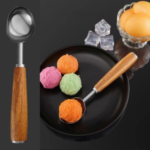 Small Cylindrical Ice Cream Scoop Stainless Steel with Wood Handle, Metal Ice Scoop for Freezer