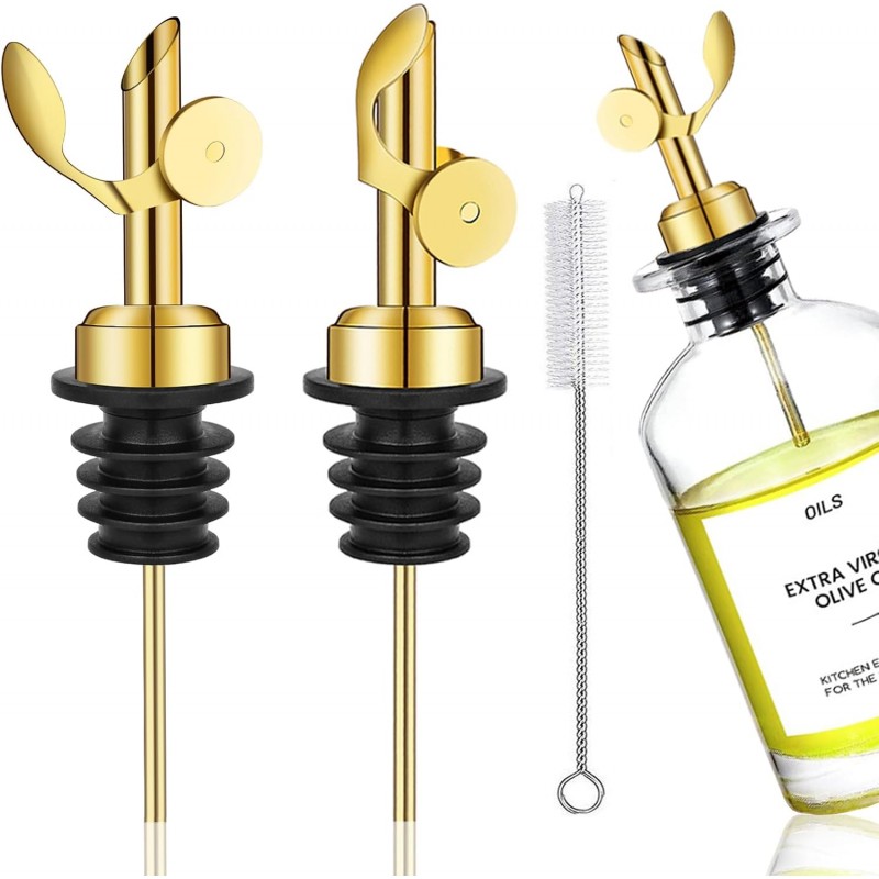 WAFJAMF 2 Pcs Weighted Stainless Steel Bottle Pourers, Self Closing Olive Oil Dispenser Spout, Auto Flip Feature Liquor Pour Spouts for Pours Liquid, Olive Oil, Wine, Vinegar (Gold)