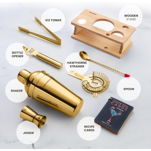 Modern Mixology Cocktail Shaker Set - 8 Piece Bartender Kit on Quality Pine Stand | Complete Cocktail Kit Gift Set | Top Bartender Gifts for Men | Leak Proof Design (Gold)