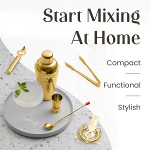 Modern Mixology Cocktail Shaker Set - 8 Piece Bartender Kit on Quality Pine Stand | Complete Cocktail Kit Gift Set | Top Bartender Gifts for Men | Leak Proof Design (Gold)