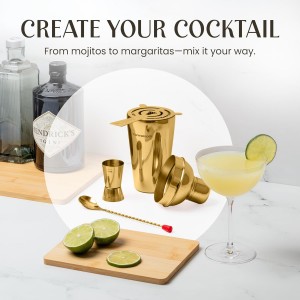 Modern Mixology Cocktail Shaker Set - 8 Piece Bartender Kit on Quality Pine Stand | Complete Cocktail Kit Gift Set | Top Bartender Gifts for Men | Leak Proof Design (Gold)