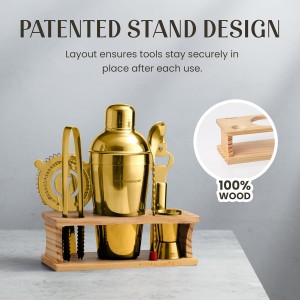 Modern Mixology Cocktail Shaker Set - 8 Piece Bartender Kit on Quality Pine Stand | Complete Cocktail Kit Gift Set | Top Bartender Gifts for Men | Leak Proof Design (Gold)