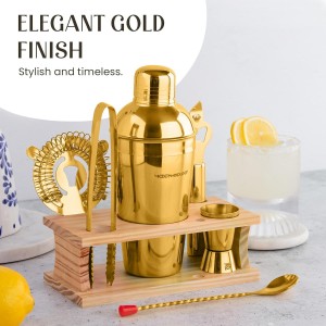 Modern Mixology Cocktail Shaker Set - 8 Piece Bartender Kit on Quality Pine Stand | Complete Cocktail Kit Gift Set | Top Bartender Gifts for Men | Leak Proof Design (Gold)