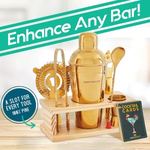 Modern Mixology Cocktail Shaker Set - 8 Piece Bartender Kit on Quality Pine Stand | Complete Cocktail Kit Gift Set | Top Bartender Gifts for Men | Leak Proof Design (Gold)