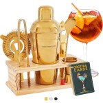 Modern Mixology Cocktail Shaker Set - 8 Piece Bartender Kit on Quality Pine Stand | Complete Cocktail Kit Gift Set | Top Bartender Gifts for Men | Leak Proof Design (Gold)