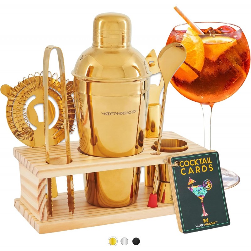 Modern Mixology Cocktail Shaker Set - 8 Piece Bartender Kit on Quality Pine Stand | Complete Cocktail Kit Gift Set | Top Bartender Gifts for Men | Leak Proof Design (Gold)