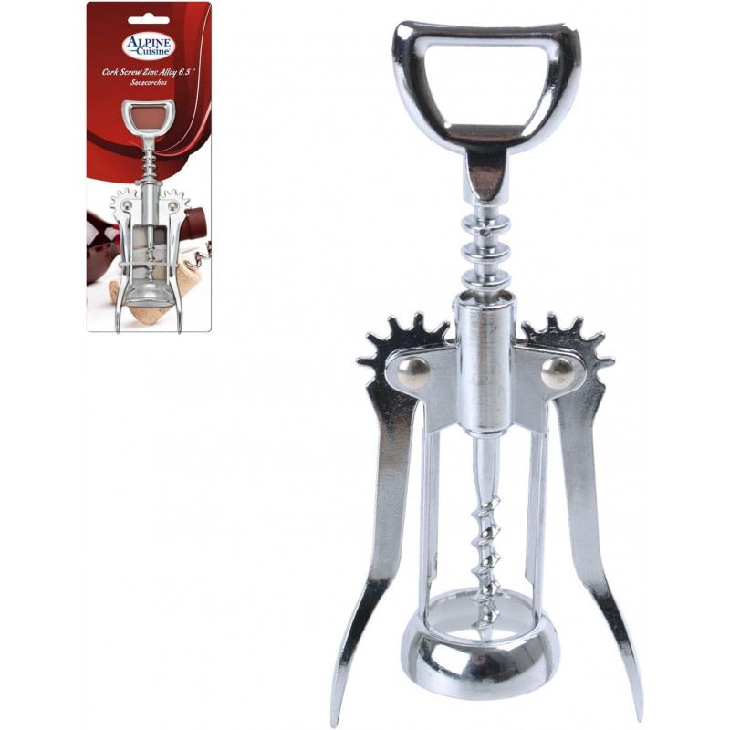 Alpine Cuisine Heavy-Duty Zinc Alloy Corkscrew 7 Inch with Ergonomic Non-Slip Handle, Corkscrews for Wine Bottles, Wing Corkscrew, Beer Bottles, Restaurants & Home - Sharp-edged Screws - Chrome