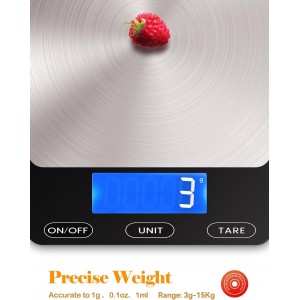 Food Scale -33lb Digital Kitchen Scale for Food Ounces Grams Rechargeable 304 Stainless Steel,Batteries and Type-C Charging | Perfect for Meal Prep, Cooking, and Baking, Black
