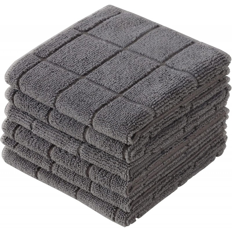 Microfiber Terry Dish Rags Set of 6, Super Absorbent and Lint Free Dish Cloths for Household, 11 x 11 Inches (Grey, 6)