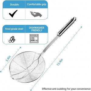 Steel Spider Strainer Skimmer Ladle, Strainer Spider Skimmers for Kitchen Cooking and Frying, Premium Strainer Spoon Diameter: 5.4Inch, Total Length: 15.4Inch