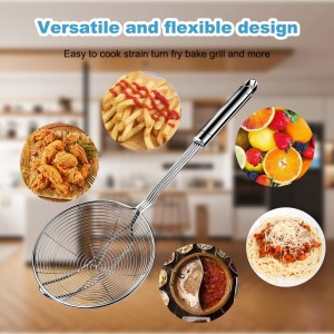 Steel Spider Strainer Skimmer Ladle, Strainer Spider Skimmers for Kitchen Cooking and Frying, Premium Strainer Spoon Diameter: 5.4Inch, Total Length: 15.4Inch