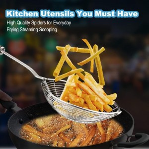 Steel Spider Strainer Skimmer Ladle, Strainer Spider Skimmers for Kitchen Cooking and Frying, Premium Strainer Spoon Diameter: 5.4Inch, Total Length: 15.4Inch