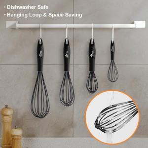 HOTEC 4 Pieces Silicone Whisks Set, Wire Balloon Whisks Egg Beater, Non-slip Handle Whisk for Non-stick Cookware Perfect for Cooking, Stirring, Beating and Blending (Black)