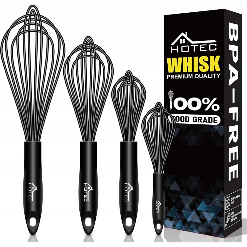 HOTEC 4 Pieces Silicone Whisks Set, Wire Balloon Whisks Egg Beater, Non-slip Handle Whisk for Non-stick Cookware Perfect for Cooking, Stirring, Beating and Blending (Black)