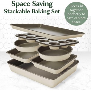 Goodful All-In-One Nonstick Bakeware Set, Stackable and Space Saving Design includes Round and Square Pans, Muffin Pans, Cookie Sheet and Roaster, Dishwasher Safe, 8-Piece, Linen