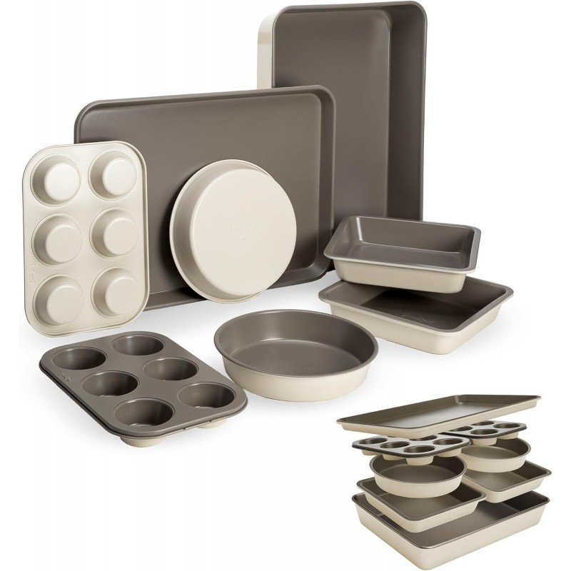 Goodful All-In-One Nonstick Bakeware Set, Stackable and Space Saving Design includes Round and Square Pans, Muffin Pans, Cookie Sheet and Roaster, Dishwasher Safe, 8-Piece, Linen