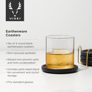 Viski Earthenware Coasters Set of 4 - Ceramic Drink Coasters - Outdoor Coasters for Drinks - Unique Coasters with Gold Stand Black