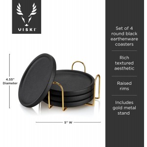 Viski Earthenware Coasters Set of 4 - Ceramic Drink Coasters - Outdoor Coasters for Drinks - Unique Coasters with Gold Stand Black