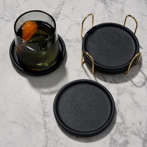 Viski Earthenware Coasters Set of 4 - Ceramic Drink Coasters - Outdoor Coasters for Drinks - Unique Coasters with Gold Stand Black