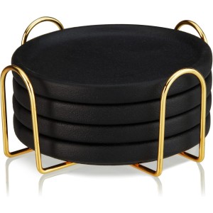Viski Earthenware Coasters Set of 4 - Ceramic Drink Coasters - Outdoor Coasters for Drinks - Unique Coasters with Gold Stand Black