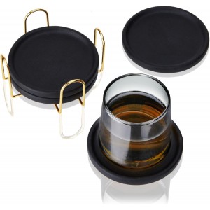Viski Earthenware Coasters Set of 4 - Ceramic Drink Coasters - Outdoor Coasters for Drinks - Unique Coasters with Gold Stand Black