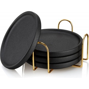 Viski Earthenware Coasters Set of 4 - Ceramic Drink Coasters - Outdoor Coasters for Drinks - Unique Coasters with Gold Stand Black