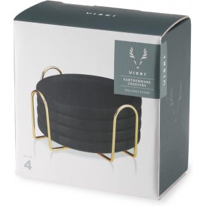 Viski Earthenware Coasters Set of 4 - Ceramic Drink Coasters - Outdoor Coasters for Drinks - Unique Coasters with Gold Stand Black