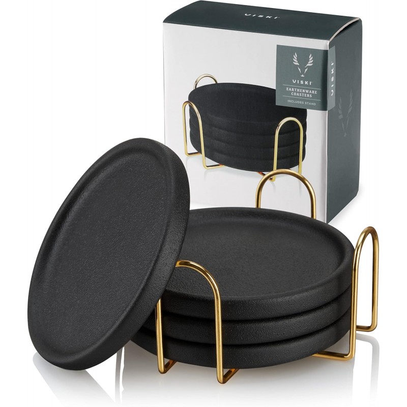 Viski Earthenware Coasters Set of 4 - Ceramic Drink Coasters - Outdoor Coasters for Drinks - Unique Coasters with Gold Stand Black